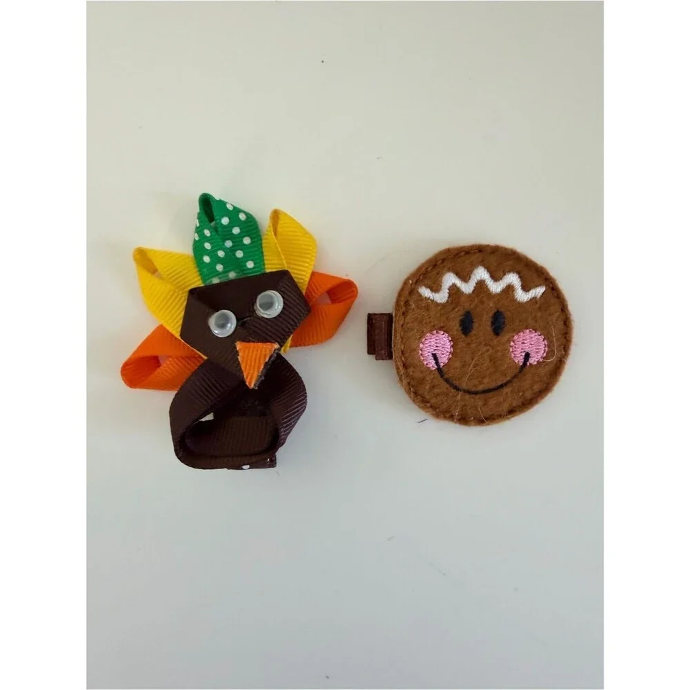 Handmade Thanksgiving Turkey Gingerbread Cookie Hair Clip Set Girls Fall Holiday